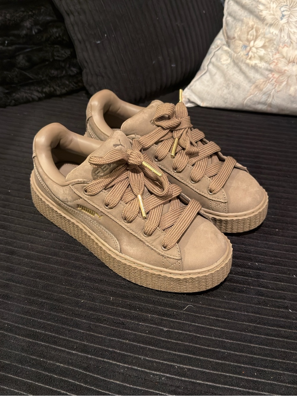 Puma Kids Suede Platform Sneakers in Beige with Gold Accents